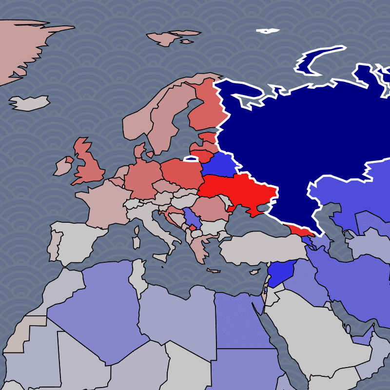 Geopolitical map showing Russia's global diplomatic relationships with countries colored by alliance strength