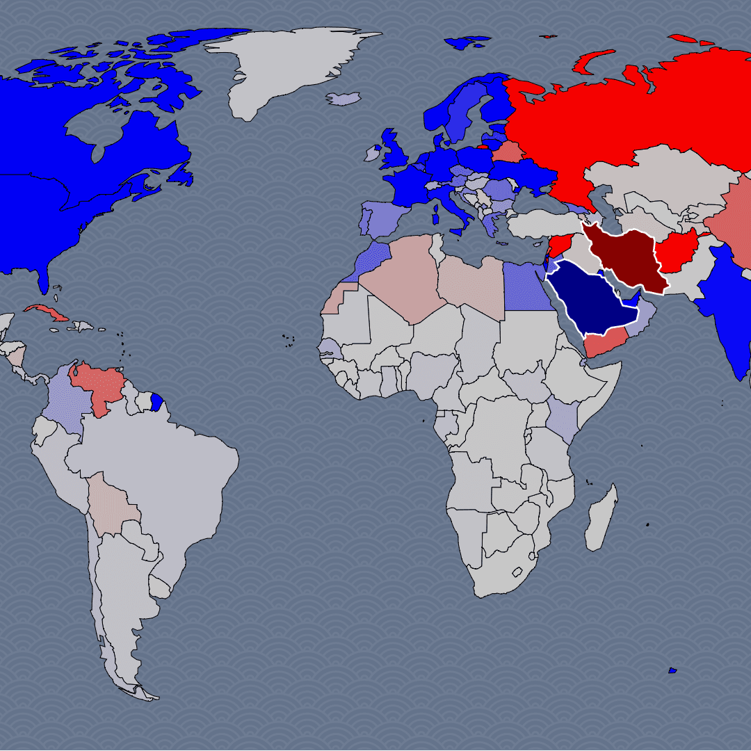 War simulator WW3 map showing alliance cascades with Saudi Arabia (defender) and Iran (attacker) selected